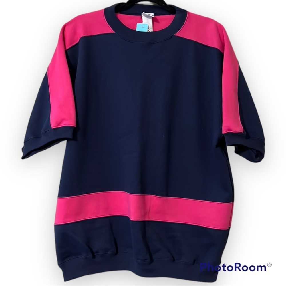 Vintage PRO SPIRIT large pullover sweater short sleeve pink navy color block NEW